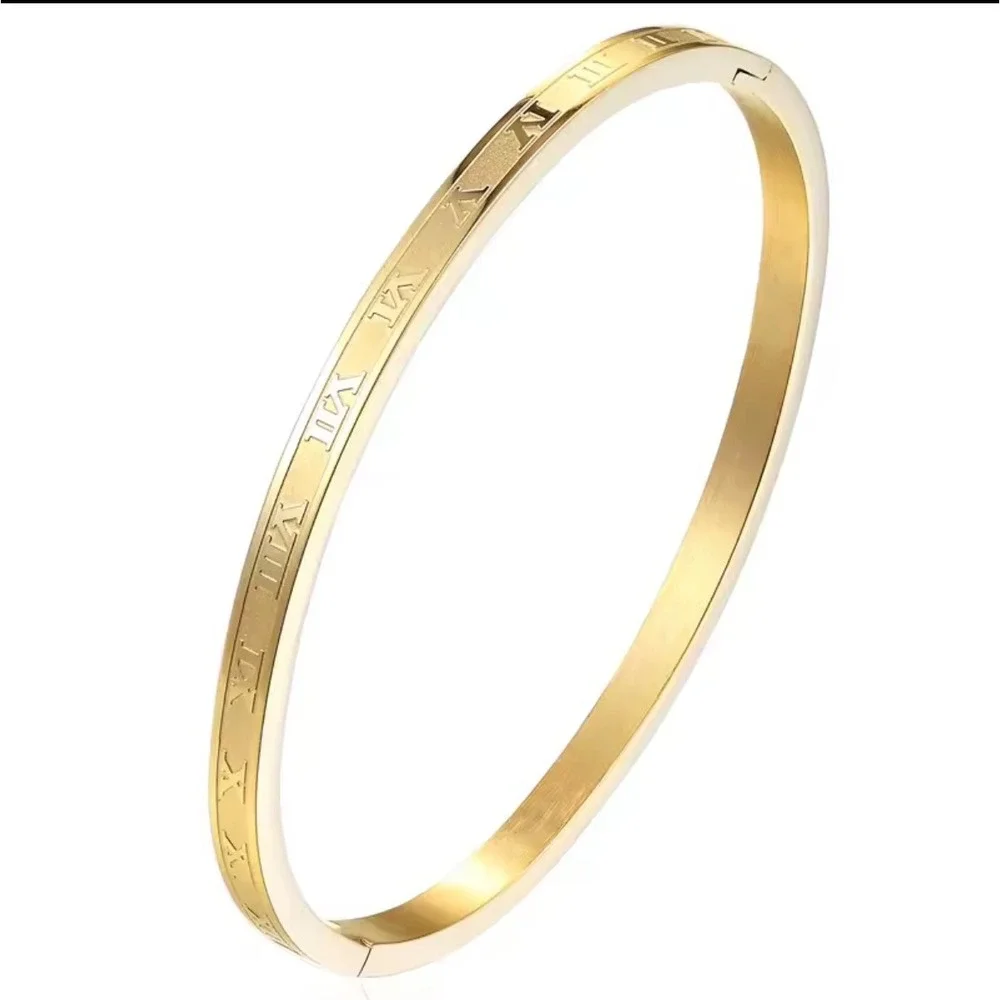Gold Roman Numeral Bangle Bracelet Hinged Cuff 4mm Slim Minimalist Jewelry